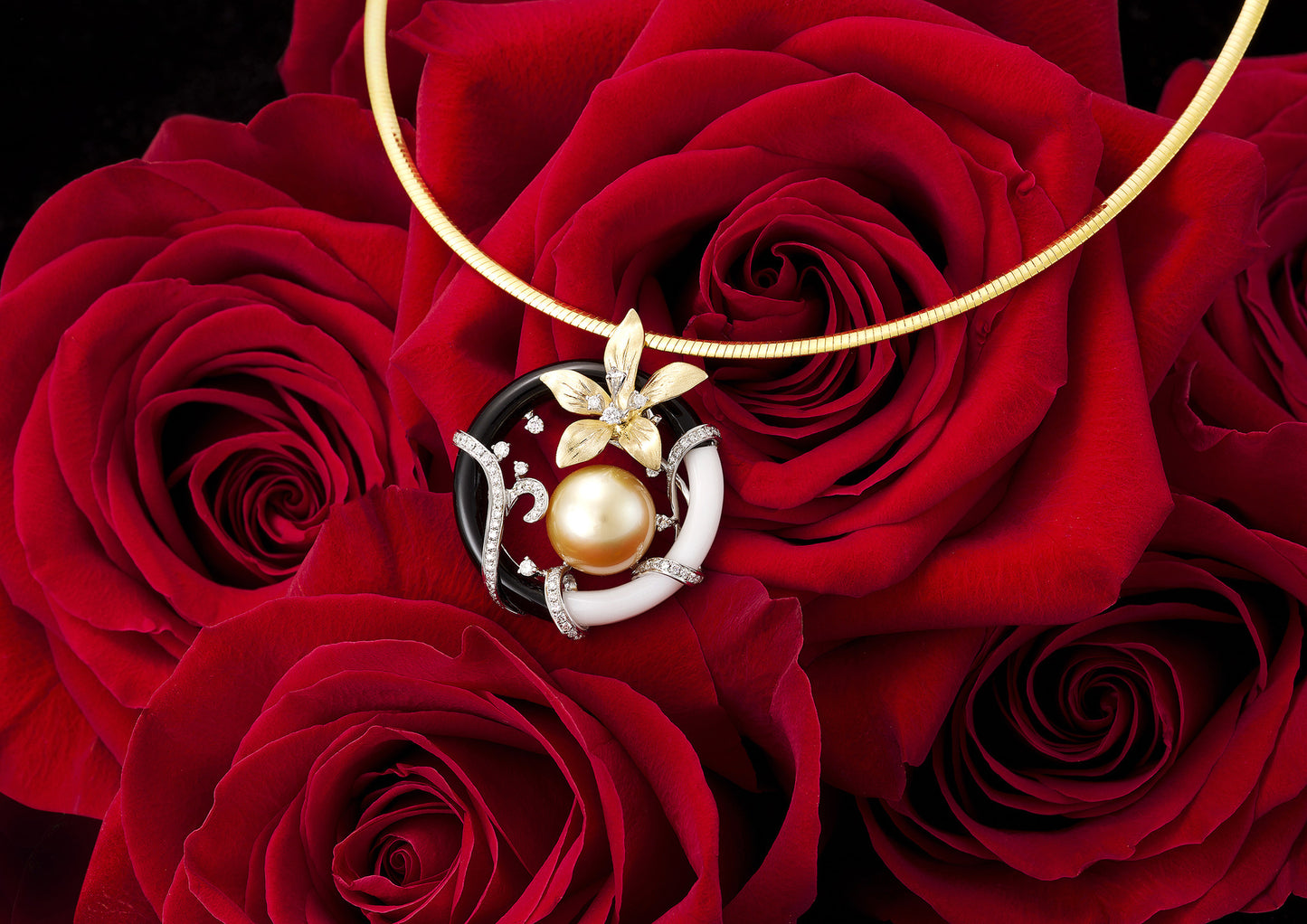 (SOLD) Yellow South Sea Pearl and Diamond with Black/White Onyx #105