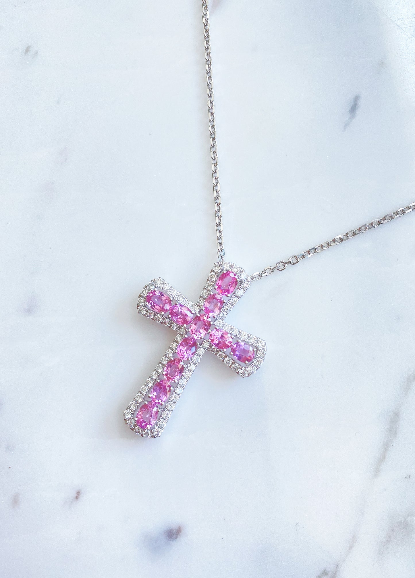 Oval Pink Sapphire & Diamond Cross Pendant in 18K White Gold #398