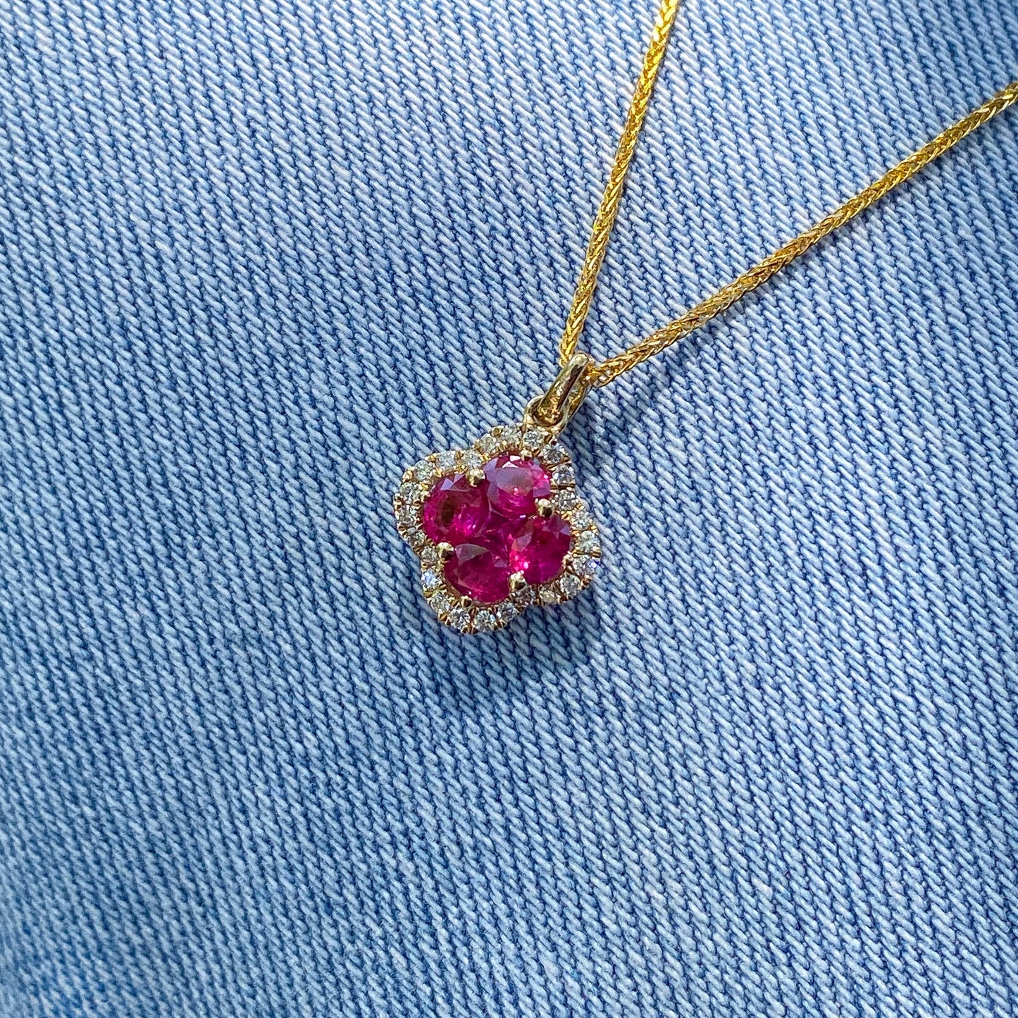 Ruby & Diamond Clover Pendant in Yellow Gold #400