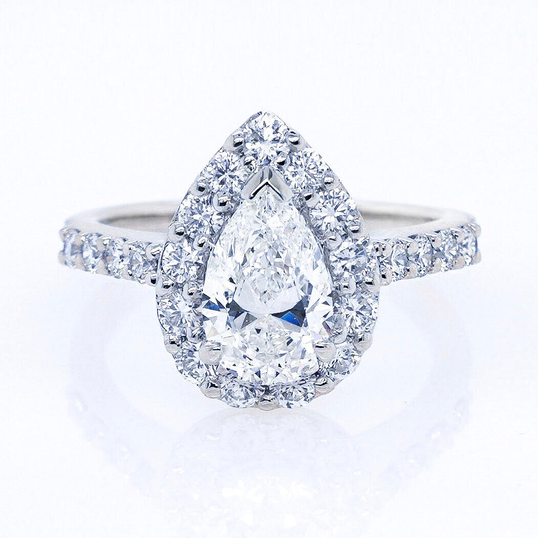 GIA Certified Pear Shaped Diamond Halo Engagement Ring in 18KW #391