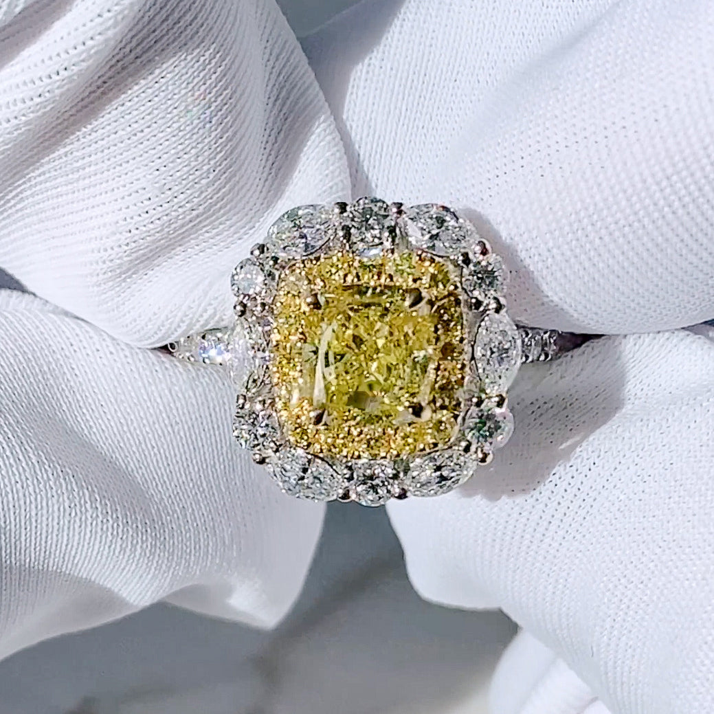 GIA Cushion Cut Fancy Intense Yellow Diamond Halo Ring in 18K Y/W Gold #394