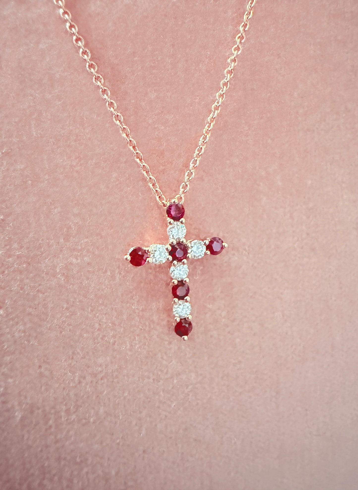 Natural Burmese Ruby & Diamond Cross Pendant in 18K Rose Gold #402