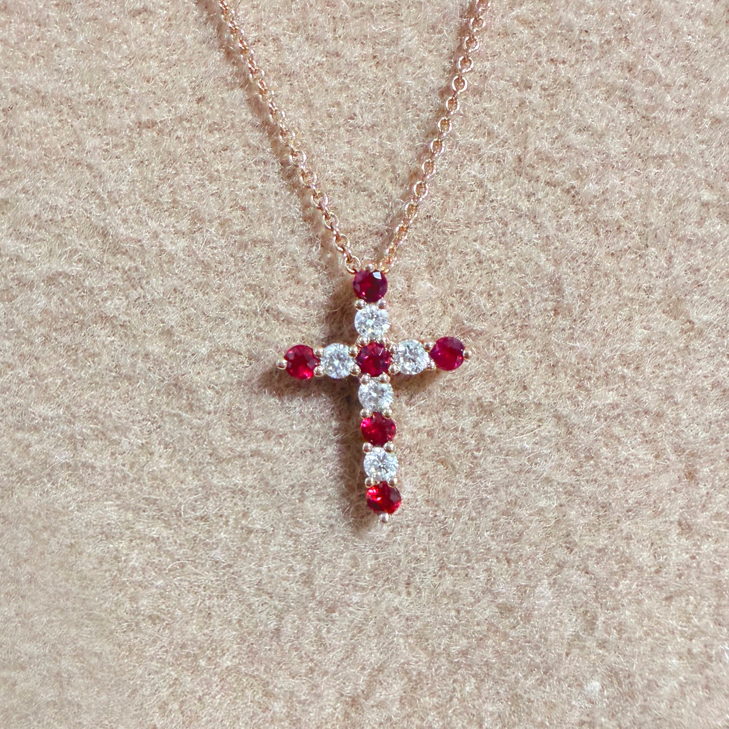 Natural Burmese Ruby & Diamond Cross Pendant in 18K Rose Gold #402