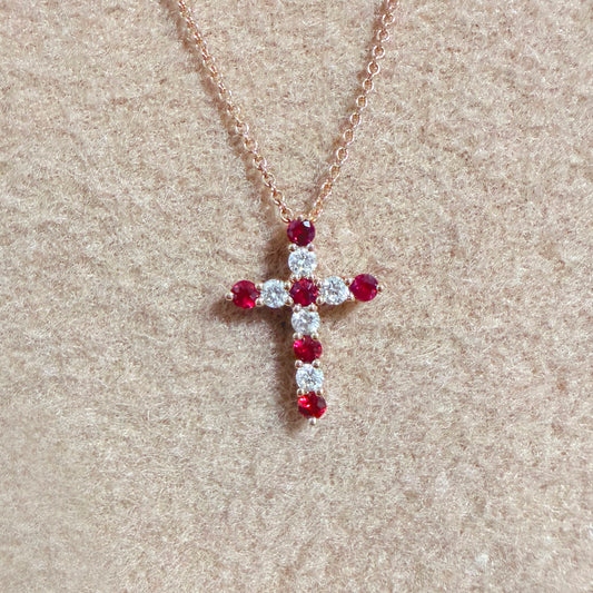 Natural Burmese Ruby & Diamond Cross Pendant in 18K Rose Gold #402