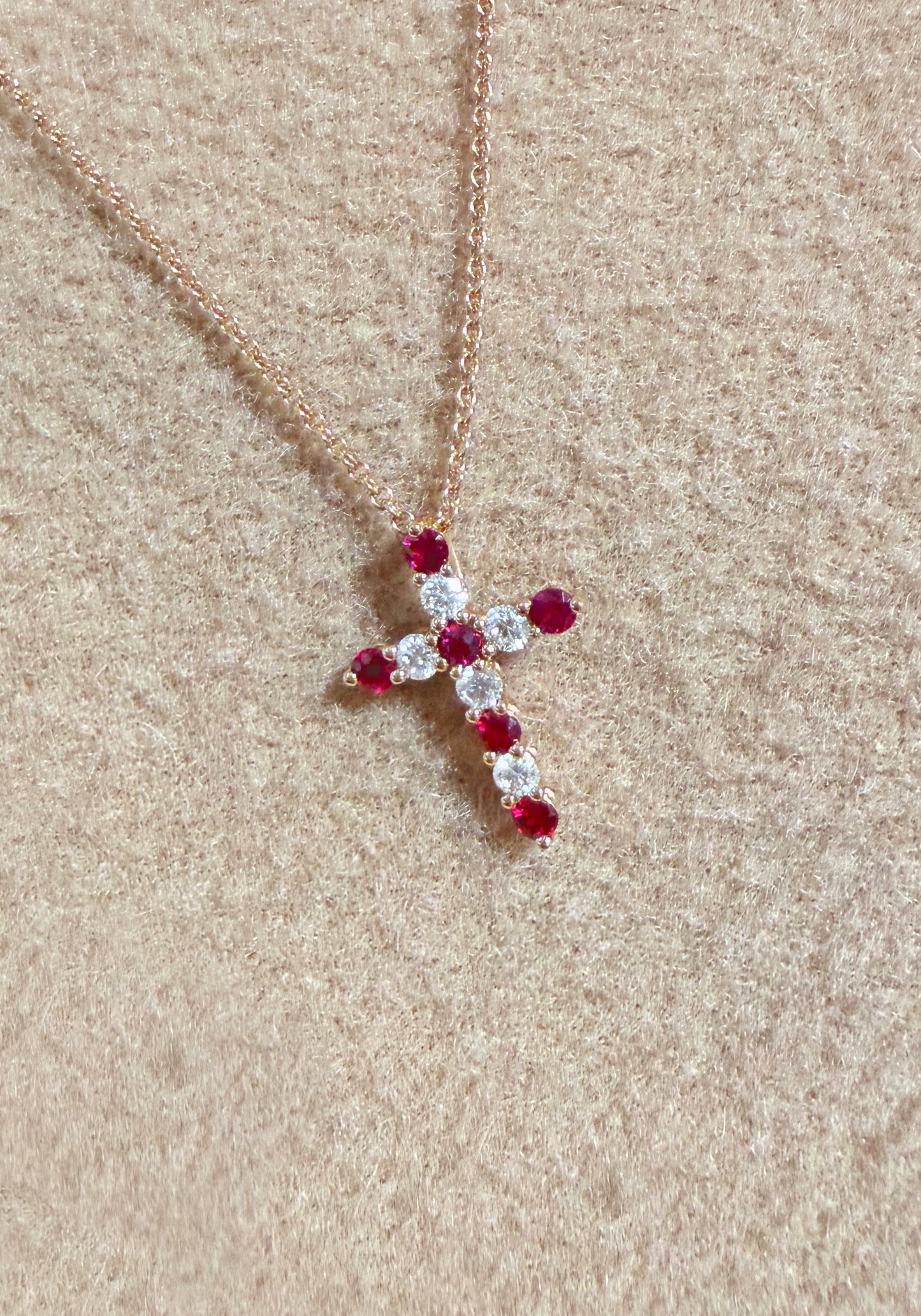 Natural Burmese Ruby & Diamond Cross Pendant in 18K Rose Gold #402