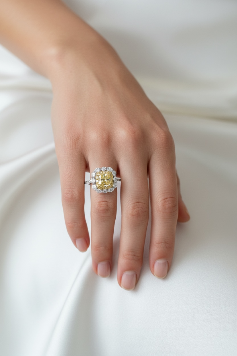 GIA Cushion Cut Fancy Intense Yellow Diamond Halo Ring in 18K Y/W Gold #394