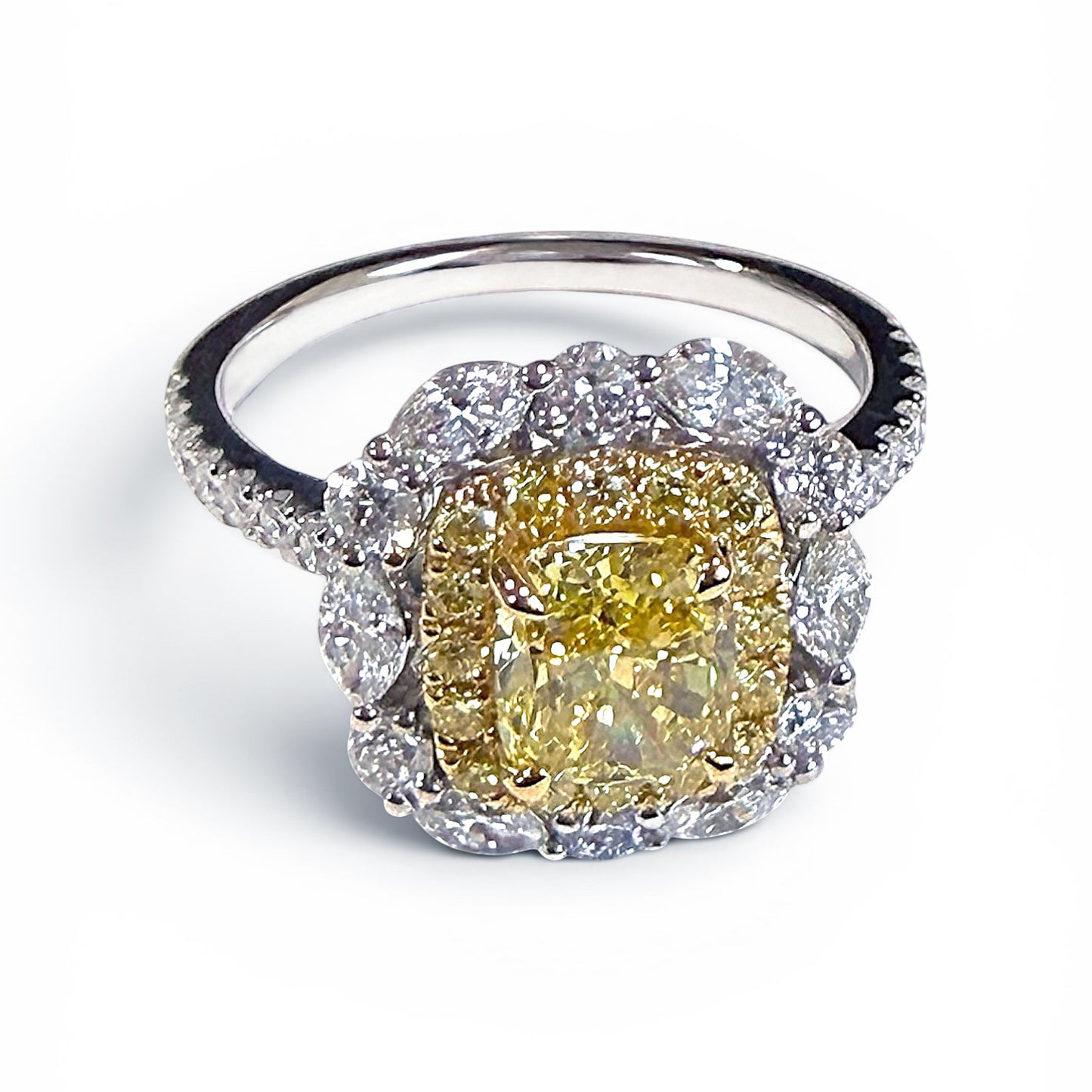 GIA Cushion Cut Fancy Intense Yellow Diamond Halo Ring in 18K Y/W Gold #394