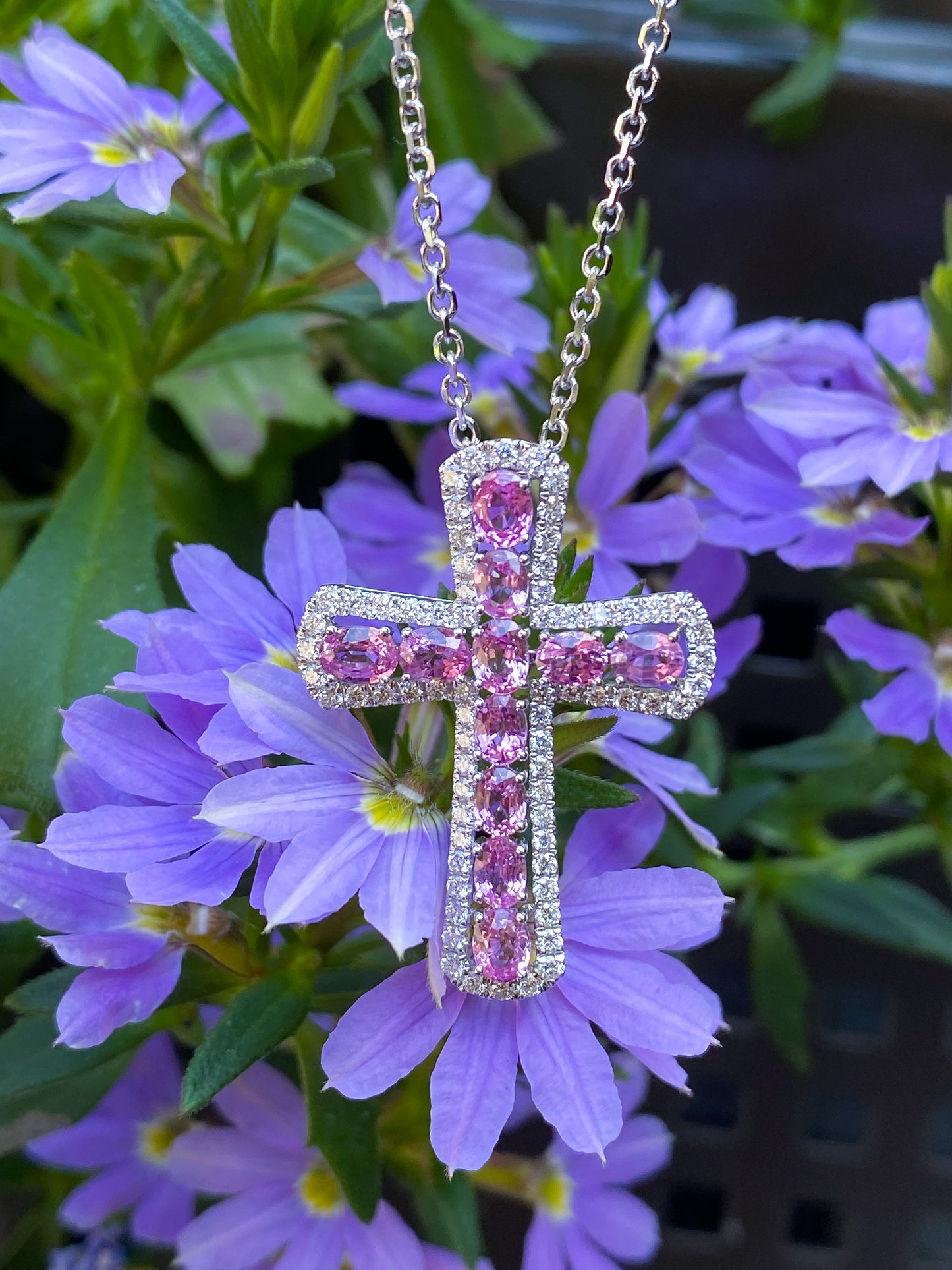 Oval Pink Sapphire & Diamond Cross Pendant in 18K White Gold #398