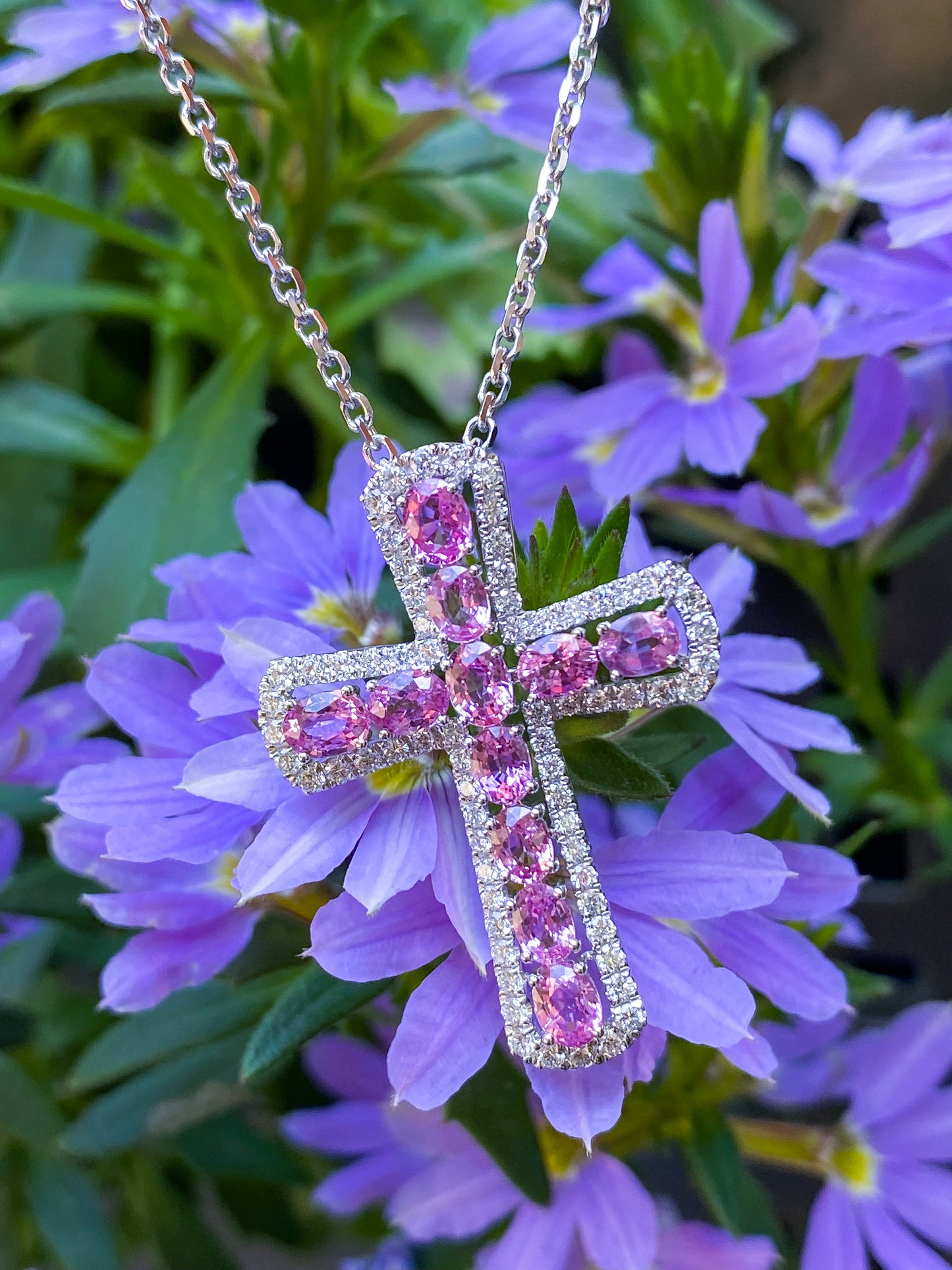 Oval Pink Sapphire & Diamond Cross Pendant in 18K White Gold #398