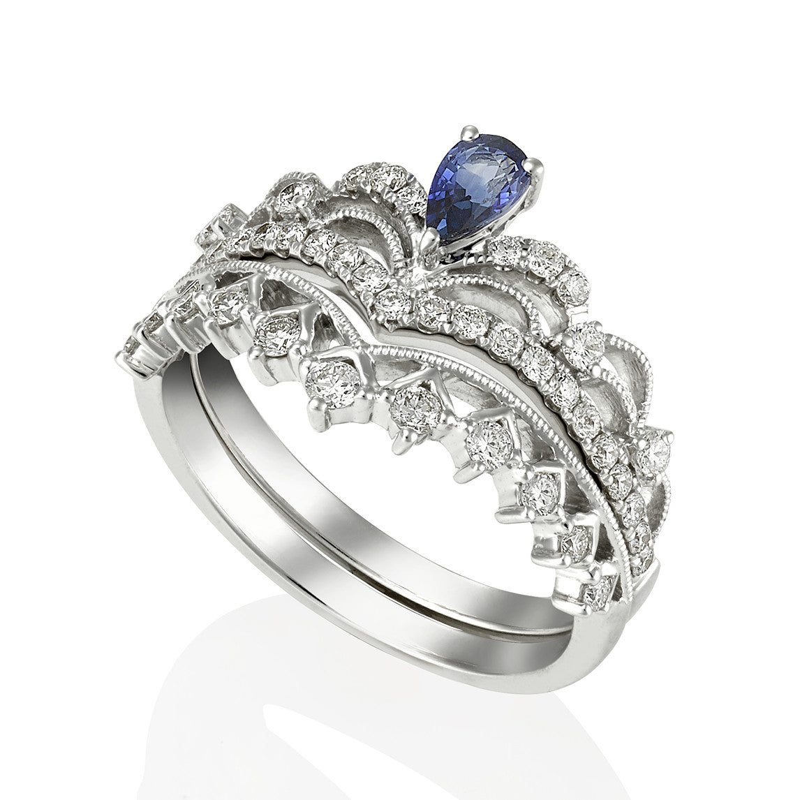 (SOLD) 18KW Blue Sapphire Crown Diamond Ring #196/7