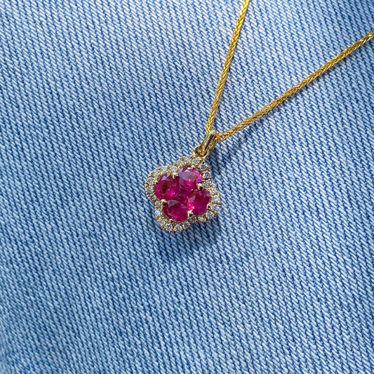 Ruby & Diamond Clover Pendant in Yellow Gold #400