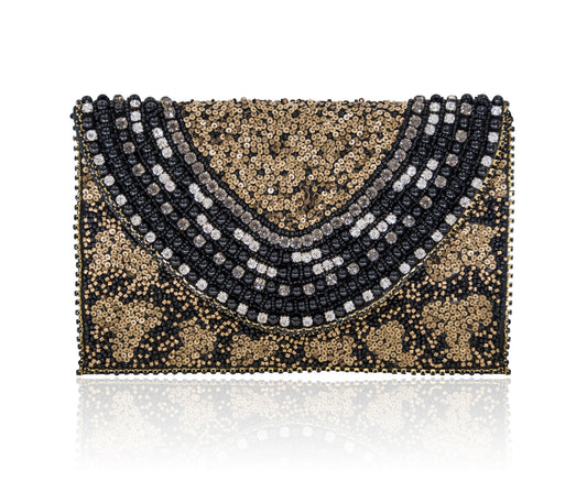 Hand Embroidered Envelope Clutch Black Gold #22