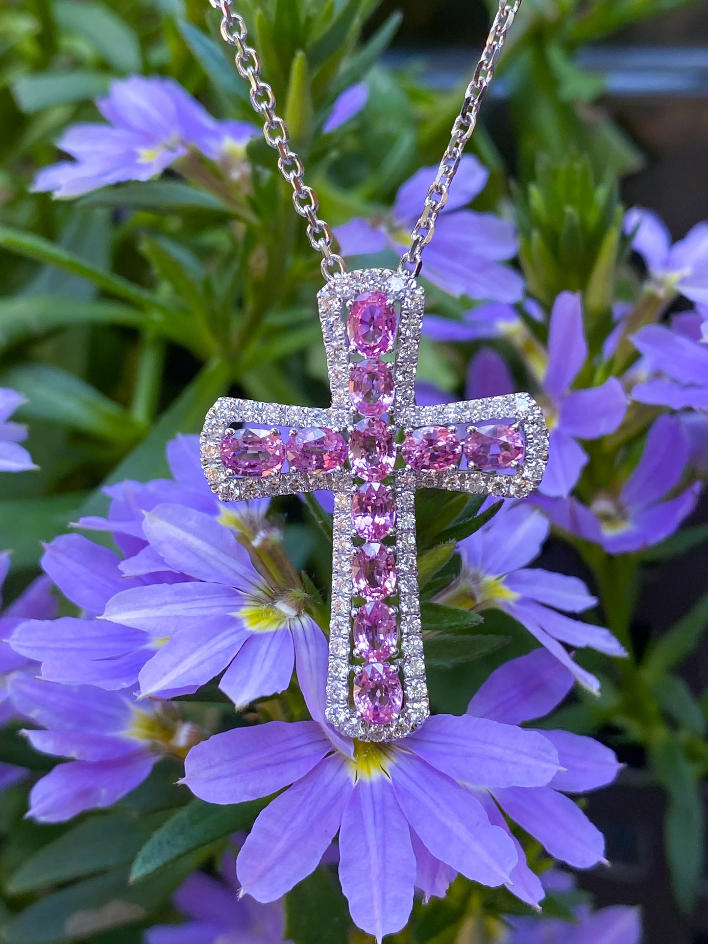 Oval Pink Sapphire & Diamond Cross Pendant in 18K White Gold #398