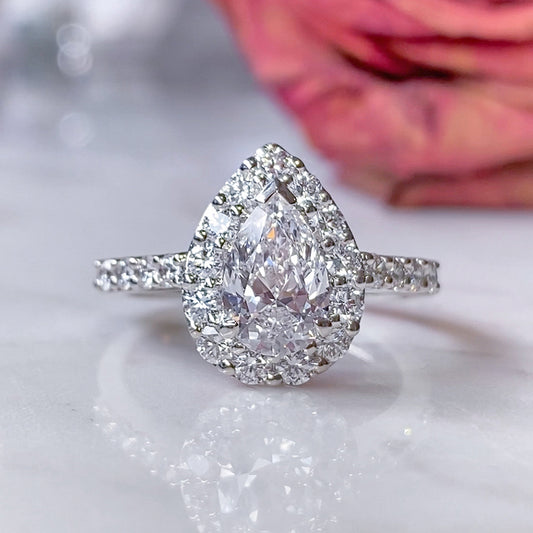 GIA Certified Pear Shaped Diamond Halo Engagement Ring in 18KW #391