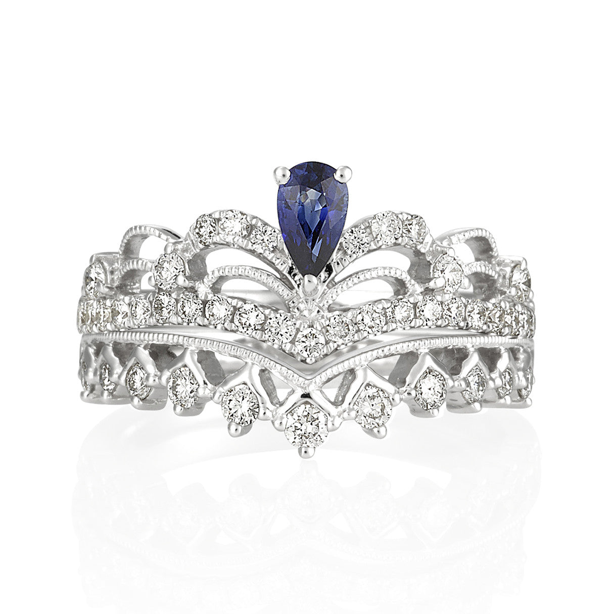 (SOLD) 18KW Blue Sapphire Crown Diamond Ring #196/7