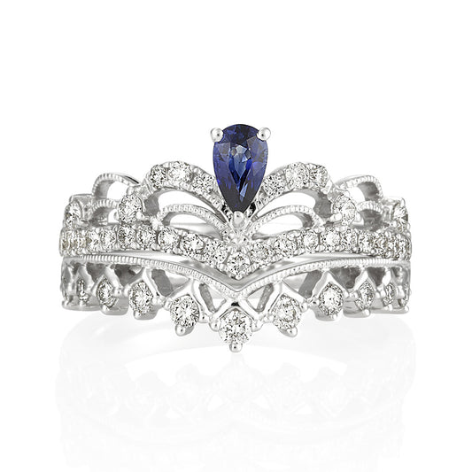 (SOLD) 18KW Blue Sapphire Crown Diamond Ring #196/7