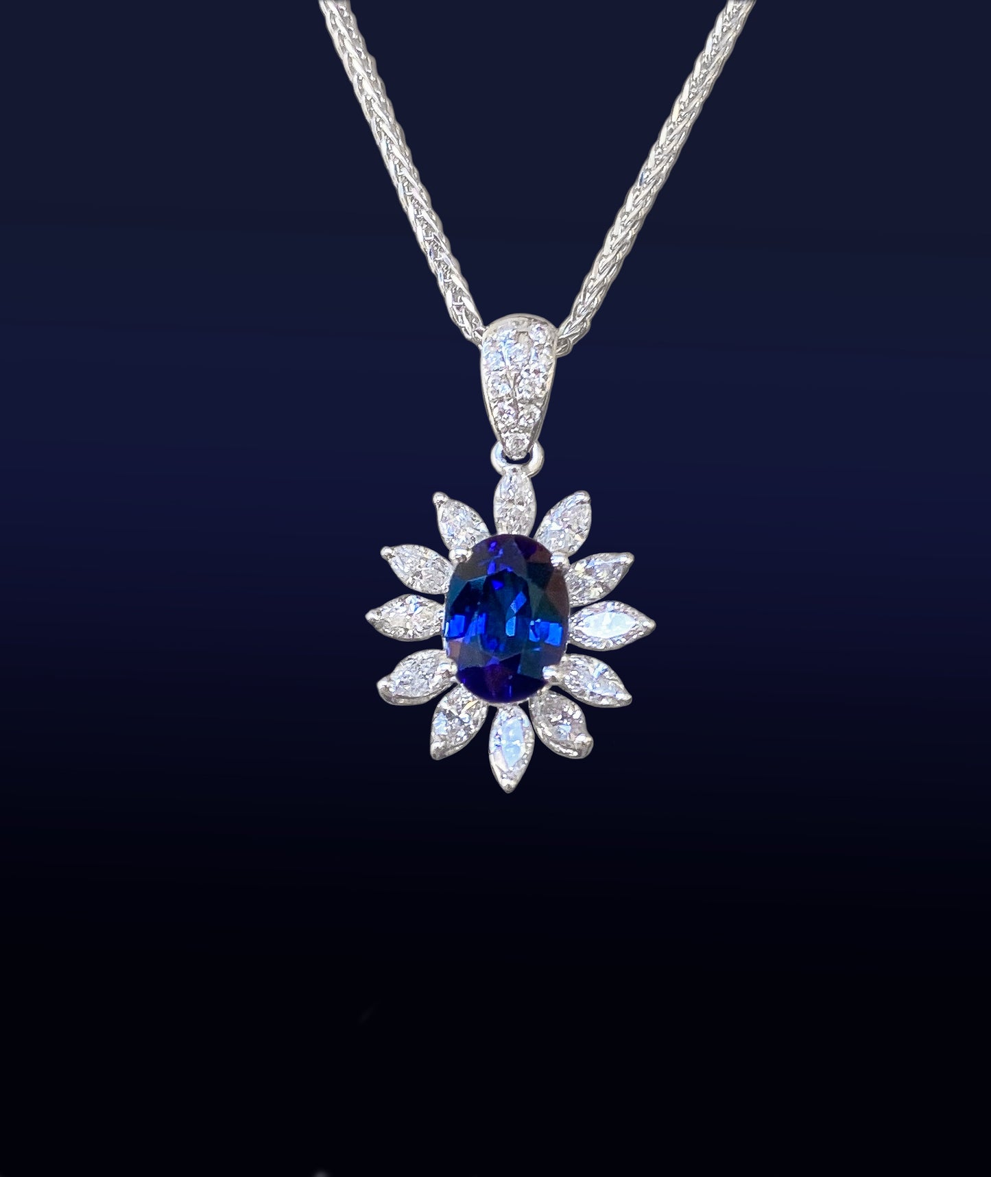 Oval Sapphire with Diamonds Pendant in 18K White Gold #195