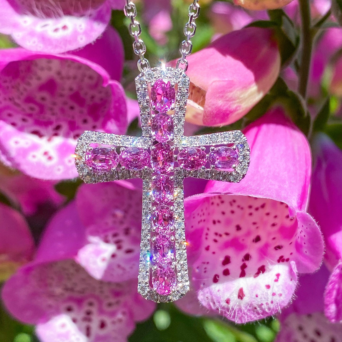 Oval Pink Sapphire & Diamond Cross Pendant in 18K White Gold #398