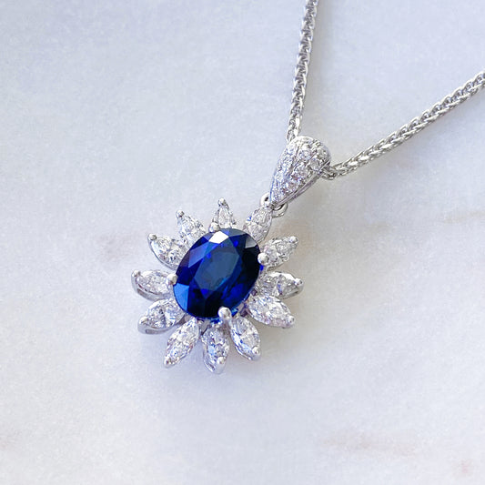 Oval Sapphire with Diamonds Pendant in 18K White Gold #195