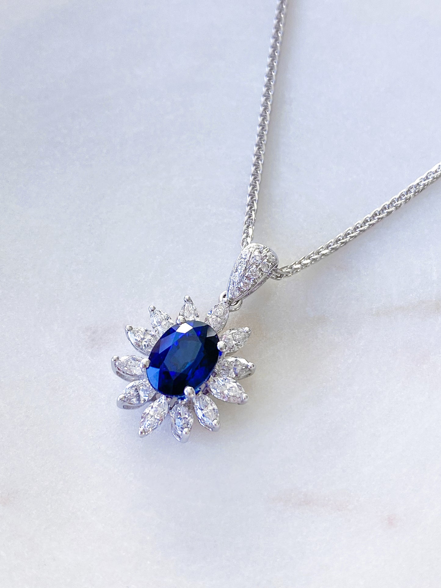 Oval Sapphire with Diamonds Pendant in 18K White Gold #195
