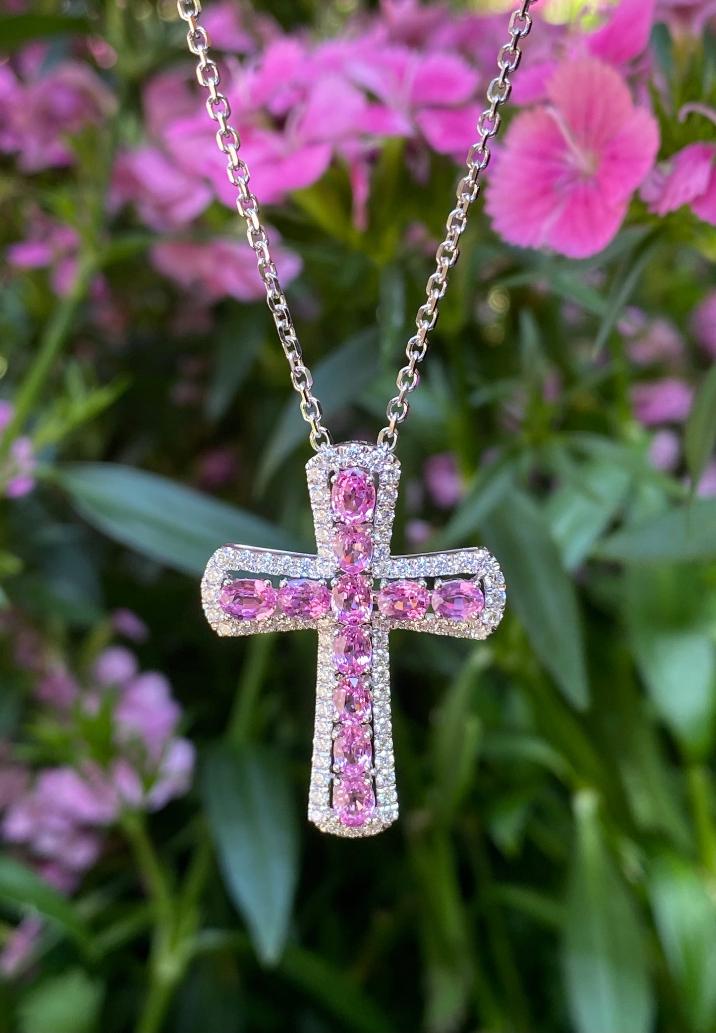 Oval Pink Sapphire & Diamond Cross Pendant in 18K White Gold #398