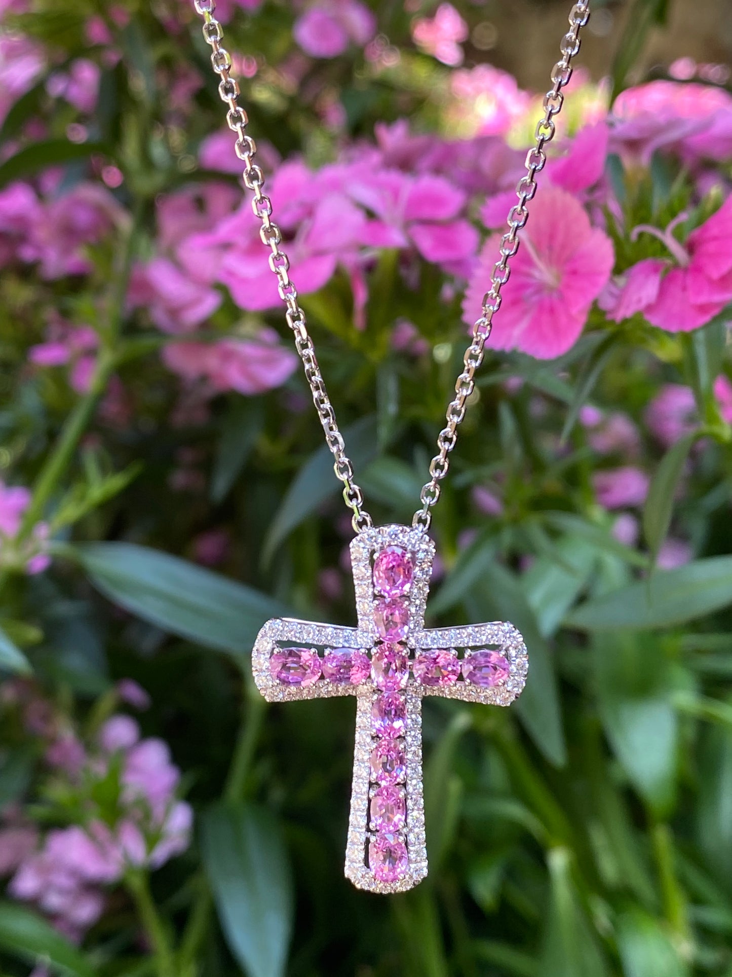 Oval Pink Sapphire & Diamond Cross Pendant in 18K White Gold #398