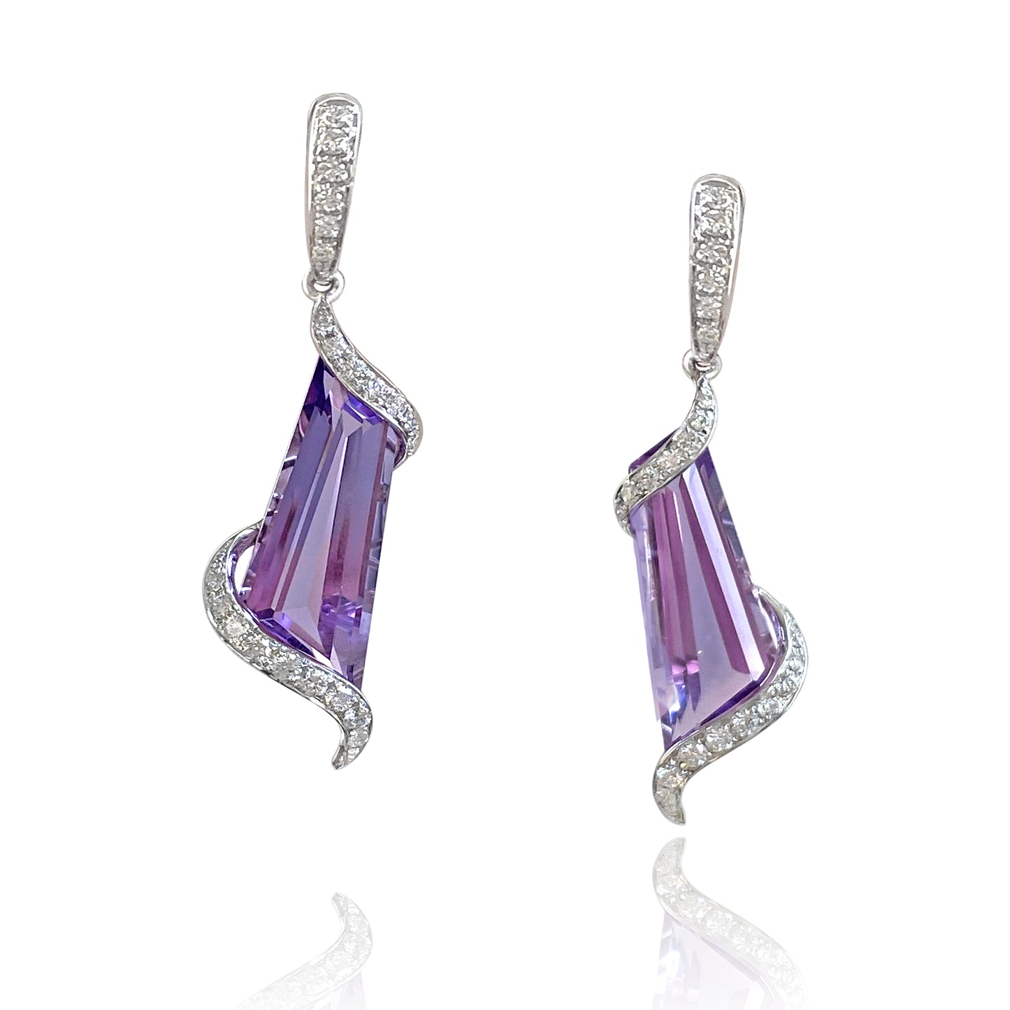 (SOLD) Amethyst Diamond Drop Earrings in 18K White Gold #314